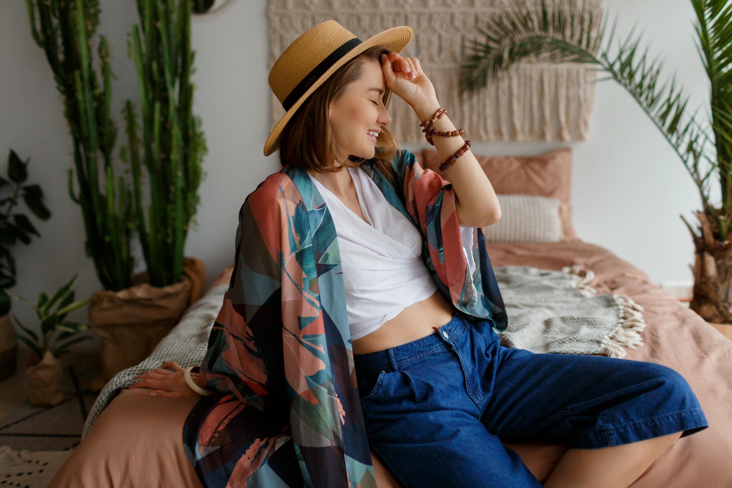 Fascinating Brunette Woman Straw Hat Chilling Home Cozy Boho Interior